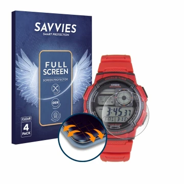Parte frontal de un envase de producto con el logotipo de la marca Savvies. Al lado se muestra el dispositivo Casio AE-1000W c