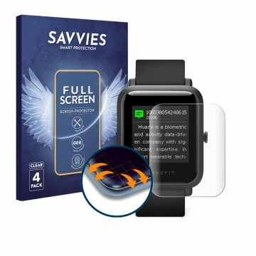 Parte frontal de un envase de producto con el logotipo de la marca Savvies. Al lado se muestra el dispositivo Huami Amazfit Bi