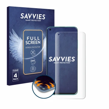 Parte frontal de un envase de producto con el logotipo de la marca Savvies. Al lado se muestra el dispositivo Xiaomi Mi 10 con