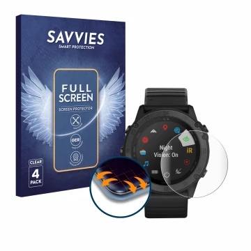 Parte frontal de un envase de producto con el logotipo de la marca Savvies. Al lado se muestra el dispositivo Garmin Tactix De
