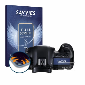 Parte frontal de un envase de producto con el logotipo de la marca Savvies. Al lado se muestra el dispositivo Canon EOS 5D Mar