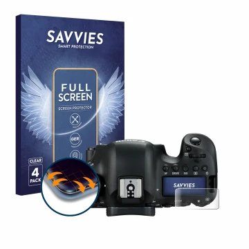 Parte frontal de un envase de producto con el logotipo de la marca Savvies. Al lado se muestra el dispositivo Canon EOS 6D Mar