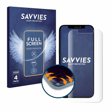 Parte frontal de un envase de producto con el logotipo de la marca Savvies. Al lado se muestra el dispositivo Apple iPhone 12 