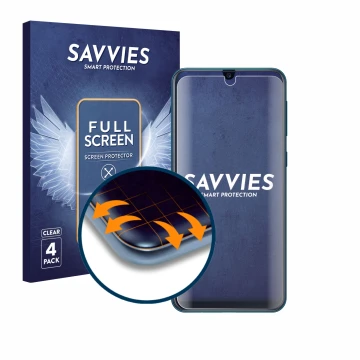 Parte frontal de un envase de producto con el logotipo de la marca Savvies. Al lado se muestra el dispositivo Samsung Galaxy M