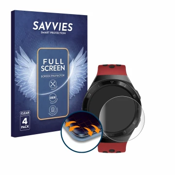 Parte frontal de un envase de producto con el logotipo de la marca Savvies. Al lado se muestra el dispositivo Huawei Watch GT 