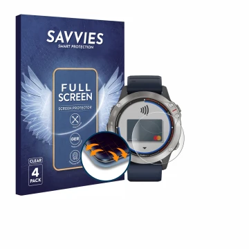 Parte frontal de un envase de producto con el logotipo de la marca Savvies. Al lado se muestra el dispositivo Garmin quatix 6 