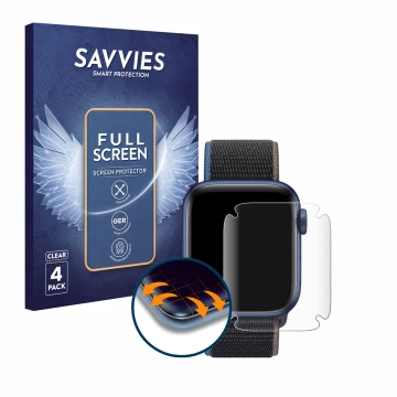 Parte frontal de un envase de producto con el logotipo de la marca Savvies. Al lado se muestra el dispositivo Apple Watch Seri
