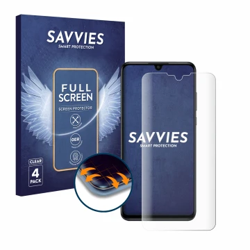 Parte frontal de un envase de producto con el logotipo de la marca Savvies. Al lado se muestra el dispositivo Huawei P30 lite 