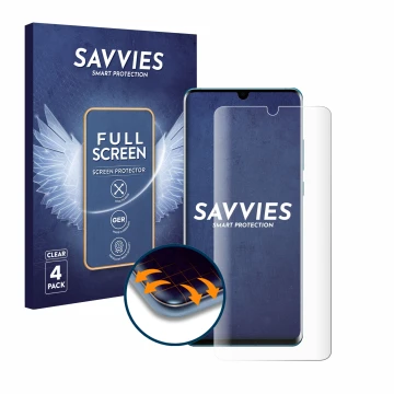 Parte frontal de un envase de producto con el logotipo de la marca Savvies. Al lado se muestra el dispositivo Huawei P30 Pro N