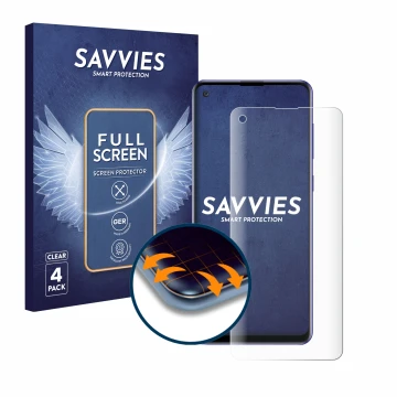 Parte frontal de un envase de producto con el logotipo de la marca Savvies. Al lado se muestra el dispositivo Samsung Galaxy A