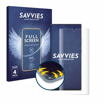 Parte frontal de un envase de producto con el logotipo de la marca Savvies. Al lado se muestra el dispositivo Samsung Galaxy N