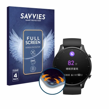 Parte frontal de un envase de producto con el logotipo de la marca Savvies. Al lado se muestra el dispositivo Xiaomi Mi Watch 