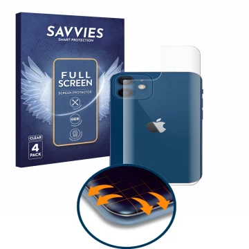 Parte frontal de un envase de producto con el logotipo de la marca Savvies. Al lado se muestra el dispositivo Apple iPhone 12 