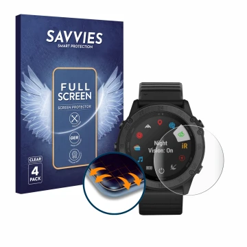 Parte frontal de un envase de producto con el logotipo de la marca Savvies. Al lado se muestra el dispositivo Garmin Tactix De