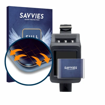 Parte frontal de un envase de producto con el logotipo de la marca Savvies. Al lado se muestra el dispositivo Uwatec Galileo G