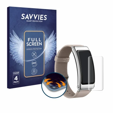 Parte frontal de un envase de producto con el logotipo de la marca Savvies. Al lado se muestra el dispositivo Huawei TalkBand 