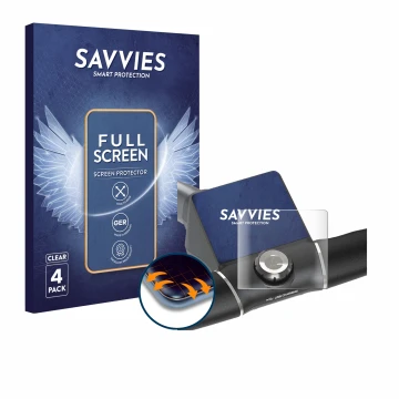 Parte frontal de un envase de producto con el logotipo de la marca Savvies. Al lado se muestra el dispositivo Motocaddy M5 GPS