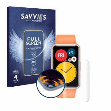 Parte frontal de un envase de producto con el logotipo de la marca Savvies. Al lado se muestra el dispositivo Huawei Watch Fit