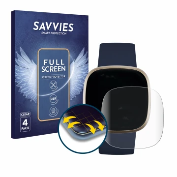Parte frontal de un envase de producto con el logotipo de la marca Savvies. Al lado se muestra el dispositivo Fitbit Versa 3 c