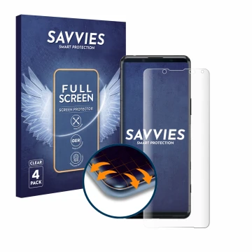 Parte frontal de un envase de producto con el logotipo de la marca Savvies. Al lado se muestra el dispositivo Sony Xperia 5 II