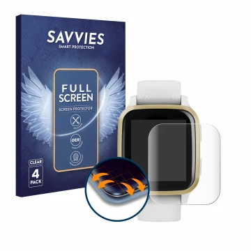 Parte frontal de un envase de producto con el logotipo de la marca Savvies. Al lado se muestra el dispositivo Garmin Venu Sq c