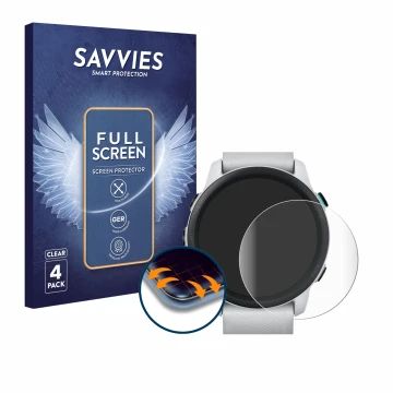 Parte frontal de un envase de producto con el logotipo de la marca Savvies. Al lado se muestra el dispositivo Garmin Forerunne