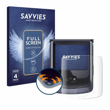 Parte frontal de un envase de producto con el logotipo de la marca Savvies. Al lado se muestra el dispositivo Motorola Razr 5G