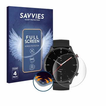 Parte frontal de un envase de producto con el logotipo de la marca Savvies. Al lado se muestra el dispositivo Huami Amazfit GT