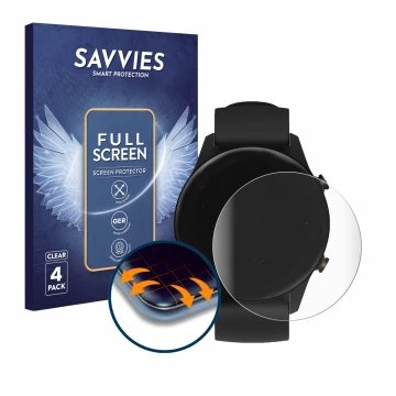Parte frontal de un envase de producto con el logotipo de la marca Savvies. Al lado se muestra el dispositivo Xiaomi Mi Watch 