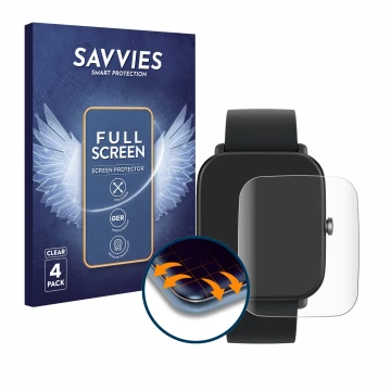 Parte frontal de un envase de producto con el logotipo de la marca Savvies. Al lado se muestra el dispositivo Huami Amazfit Bi