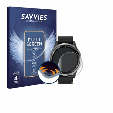 Parte frontal de un envase de producto con el logotipo de la marca Savvies. Al lado se muestra el dispositivo Garmin D2 Air co