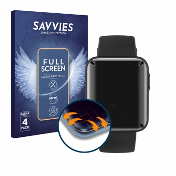 Parte frontal de un envase de producto con el logotipo de la marca Savvies. Al lado se muestra el dispositivo Xiaomi Mi Watch 