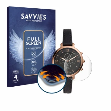 Parte frontal de un envase de producto con el logotipo de la marca Savvies. Al lado se muestra el dispositivo Fossil Monroe HR