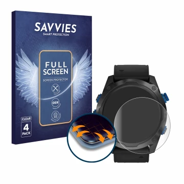 Parte frontal de un envase de producto con el logotipo de la marca Savvies. Al lado se muestra el dispositivo Garmin Descent M