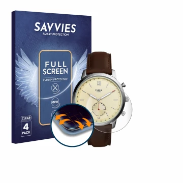 Parte frontal de un envase de producto con el logotipo de la marca Savvies. Al lado se muestra el dispositivo Fossil Neutra Hy
