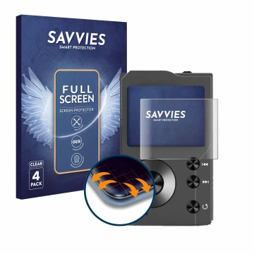 Parte frontal de un envase de producto con el logotipo de la marca Savvies. Al lado se muestra el dispositivo Surfans F20 con 