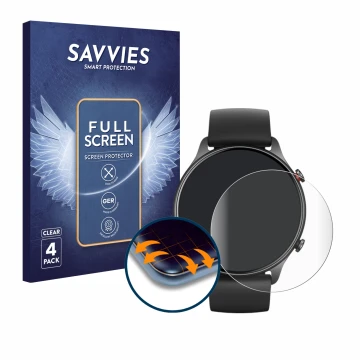 Parte frontal de un envase de producto con el logotipo de la marca Savvies. Al lado se muestra el dispositivo Huami Amazfit GT