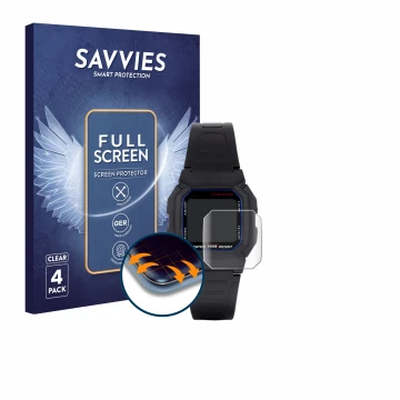 Parte frontal de un envase de producto con el logotipo de la marca Savvies. Al lado se muestra el dispositivo Casio W-800H-1AV