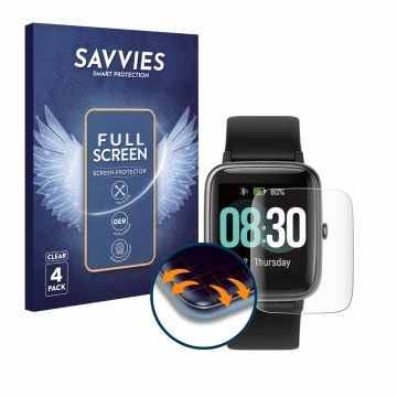 Parte frontal de un envase de producto con el logotipo de la marca Savvies. Al lado se muestra el dispositivo Rundoing ZX07 co
