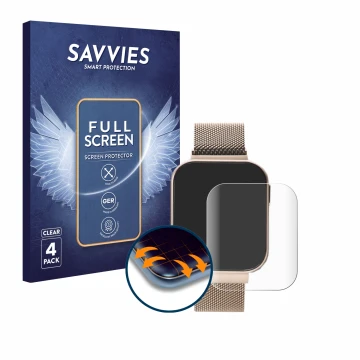 Parte frontal de un envase de producto con el logotipo de la marca Savvies. Al lado se muestra el dispositivo Liu Jo Smartwatc