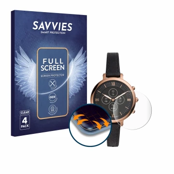 Parte frontal de un envase de producto con el logotipo de la marca Savvies. Al lado se muestra el dispositivo Fossil Monroe Hy