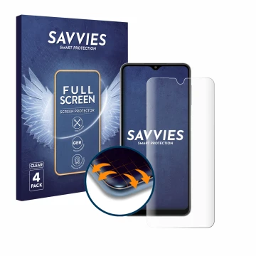 Parte frontal de un envase de producto con el logotipo de la marca Savvies. Al lado se muestra el dispositivo Samsung Galaxy A