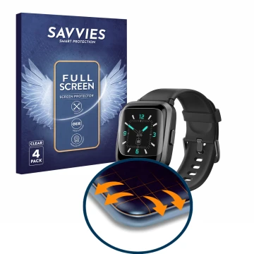Parte frontal de un envase de producto con el logotipo de la marca Savvies. Al lado se muestra el dispositivo Aikela 205S con 
