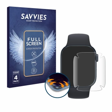 Parte frontal de un envase de producto con el logotipo de la marca Savvies. Al lado se muestra el dispositivo Apple Watch Seri