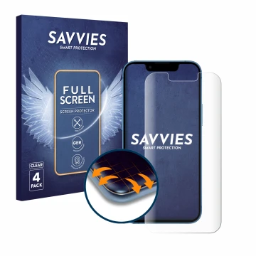 Parte frontal de un envase de producto con el logotipo de la marca Savvies. Al lado se muestra el dispositivo Apple iPhone 13 