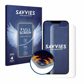 Parte frontal de un envase de producto con el logotipo de la marca Savvies. Al lado se muestra el dispositivo Apple iPhone 13 