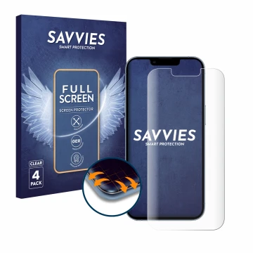 Parte frontal de un envase de producto con el logotipo de la marca Savvies. Al lado se muestra el dispositivo Apple iPhone 13 