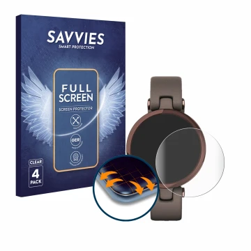 Parte frontal de un envase de producto con el logotipo de la marca Savvies. Al lado se muestra el dispositivo Garmin Lily con 