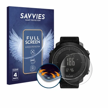 Parte frontal de un envase de producto con el logotipo de la marca Savvies. Al lado se muestra el dispositivo North Edge Apach