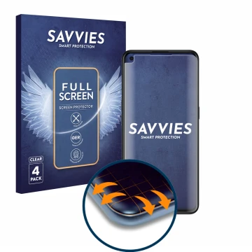 Parte frontal de un envase de producto con el logotipo de la marca Savvies. Al lado se muestra el dispositivo Oppo Find X3 Lit